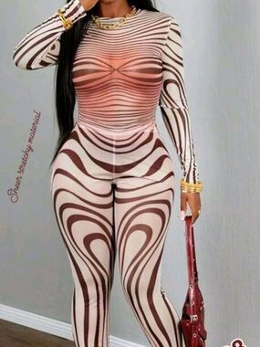 Sheer Long-Sleeve Brown & Cream Swirl Print Women’s Matching Set
